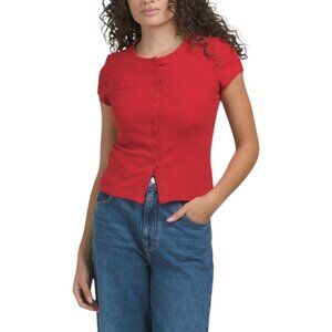 SWEET APPAREL Ribbed Button Front Short Sleeve Top